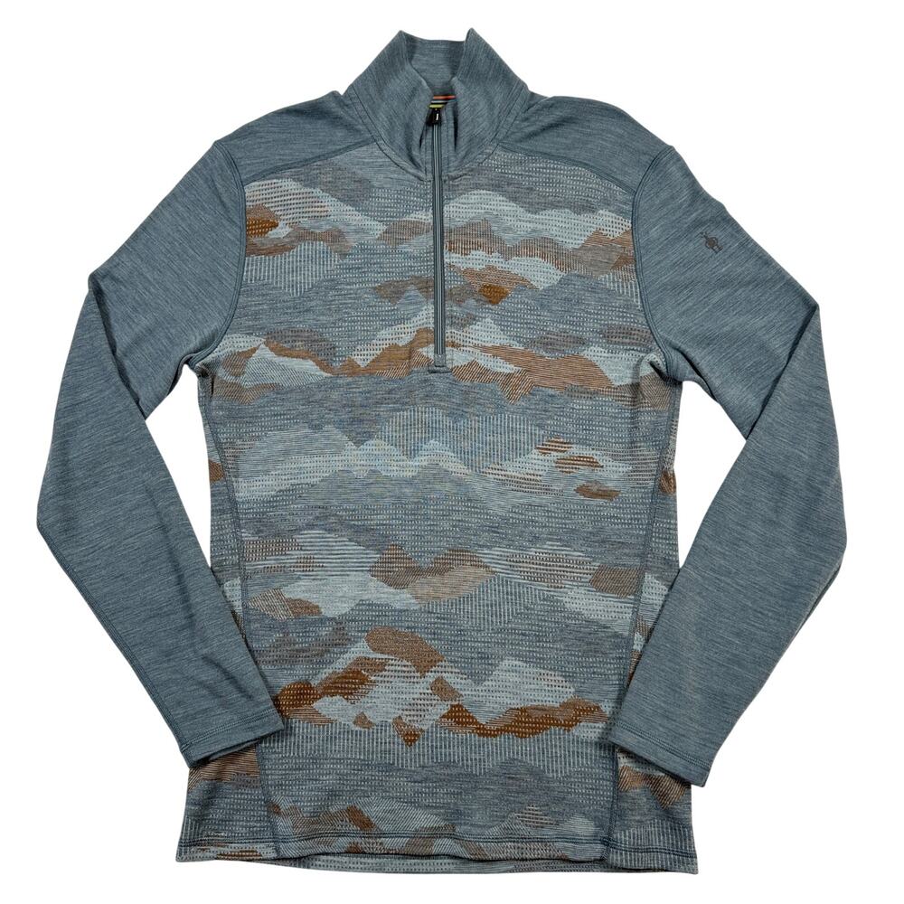 Smartwool Mens Large Merino 250 Base Layer 1/4 Zip Blue Mountain Print Wool